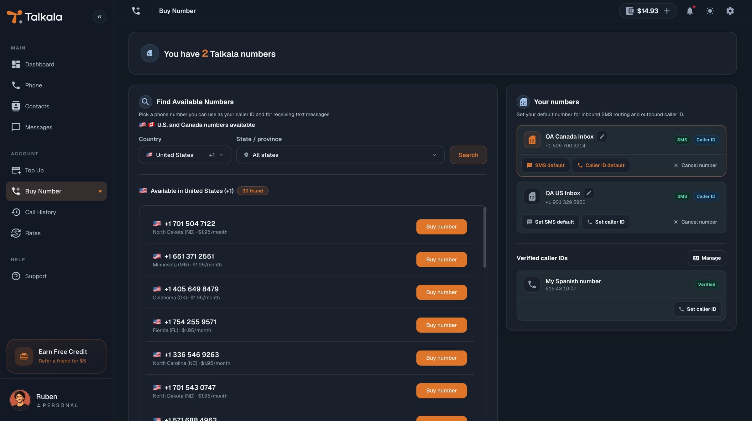 Talkala number selection screen for choosing a dedicated phone number