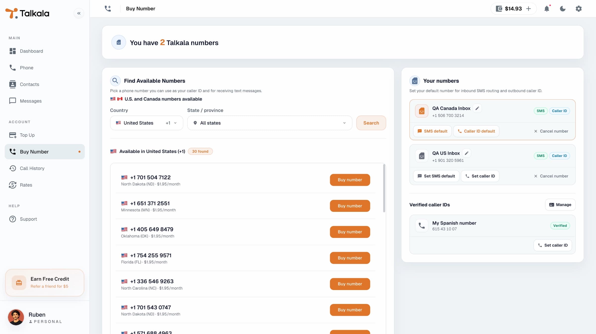 Talkala number selection screen for choosing a dedicated phone number