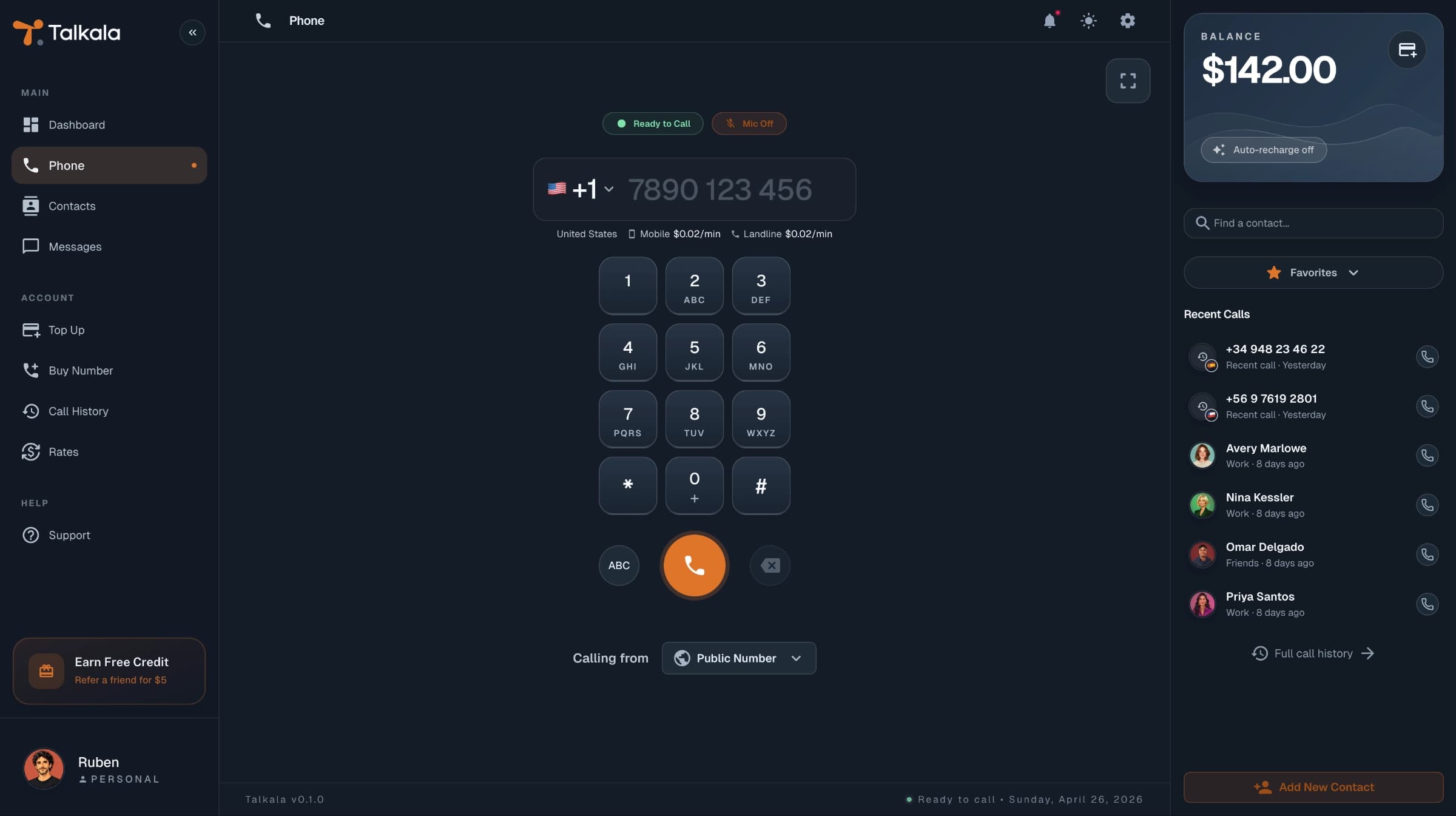 Talkala dialer, type a number, see the rate, and call