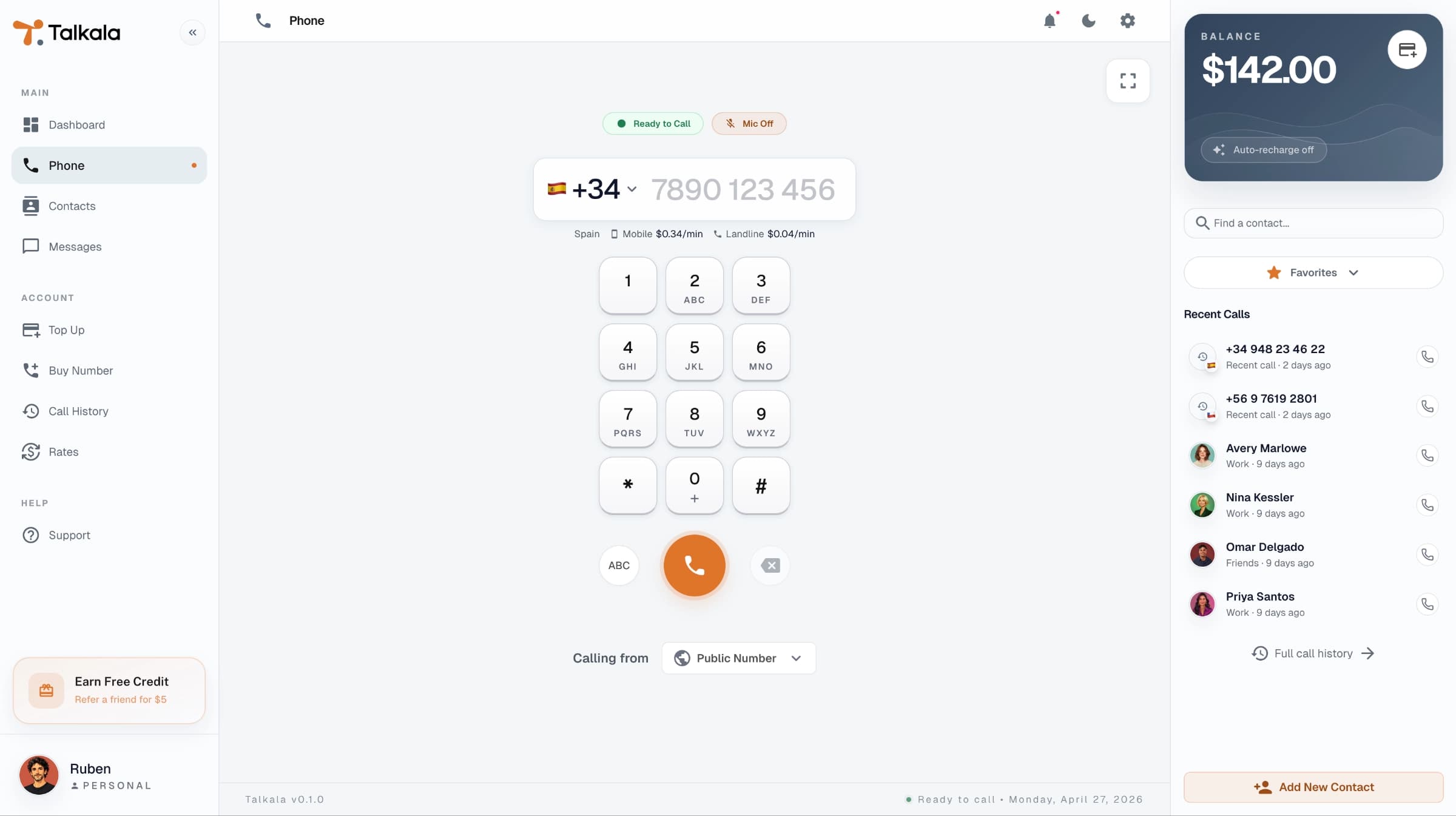 Talkala dialer, type a number, see the rate, and call