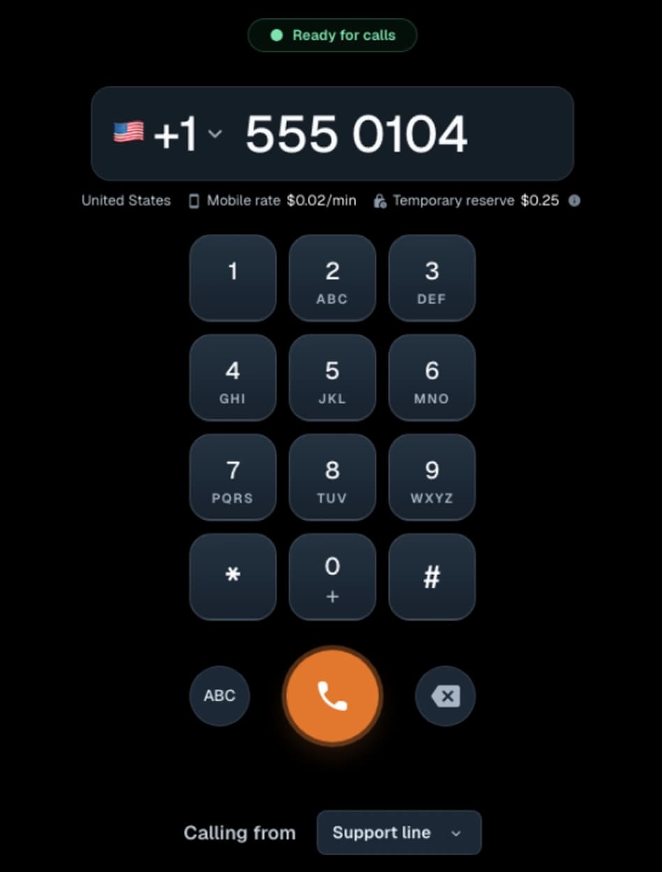 Talkala browser phone showing demo destination, caller ID, microphone ready status, and per-minute rate