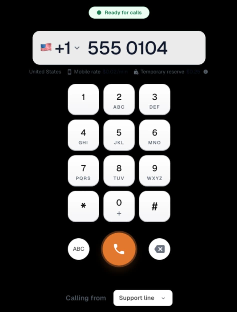 Talkala browser phone showing demo destination, caller ID, microphone ready status, and per-minute rate