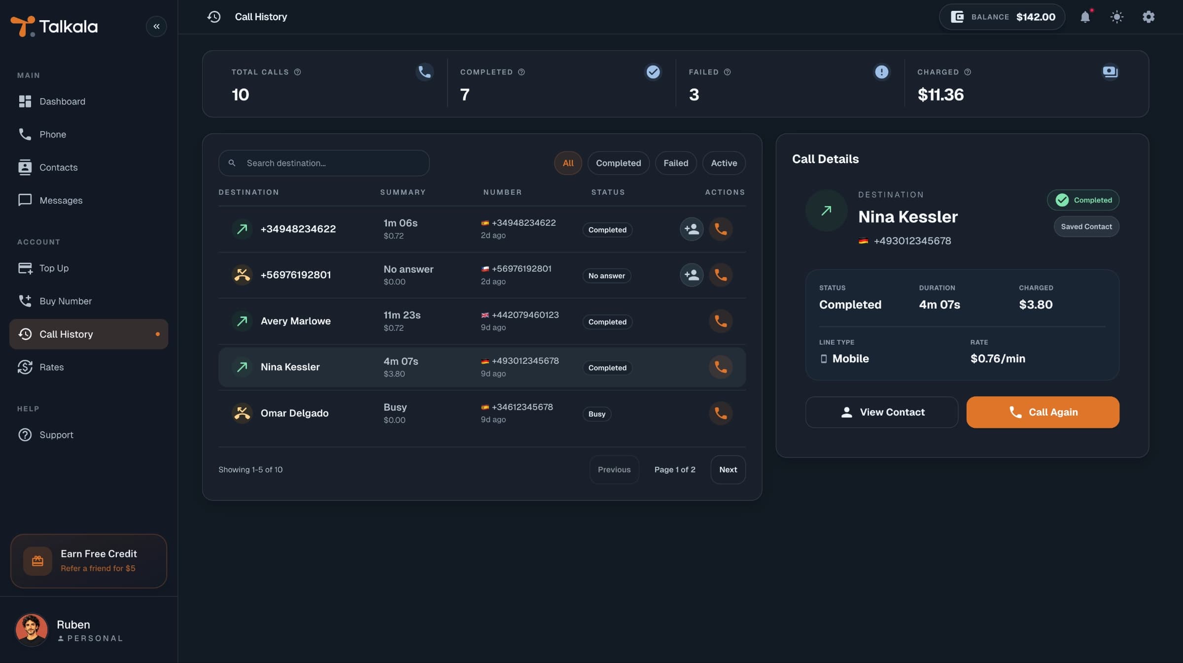Talkala call history screen showing completed calls and cost details
