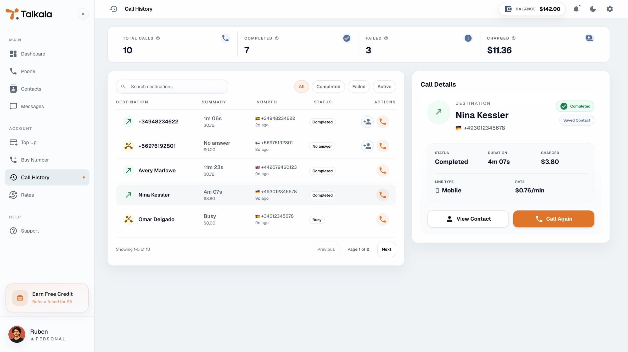 Talkala call history screen showing completed calls and cost details