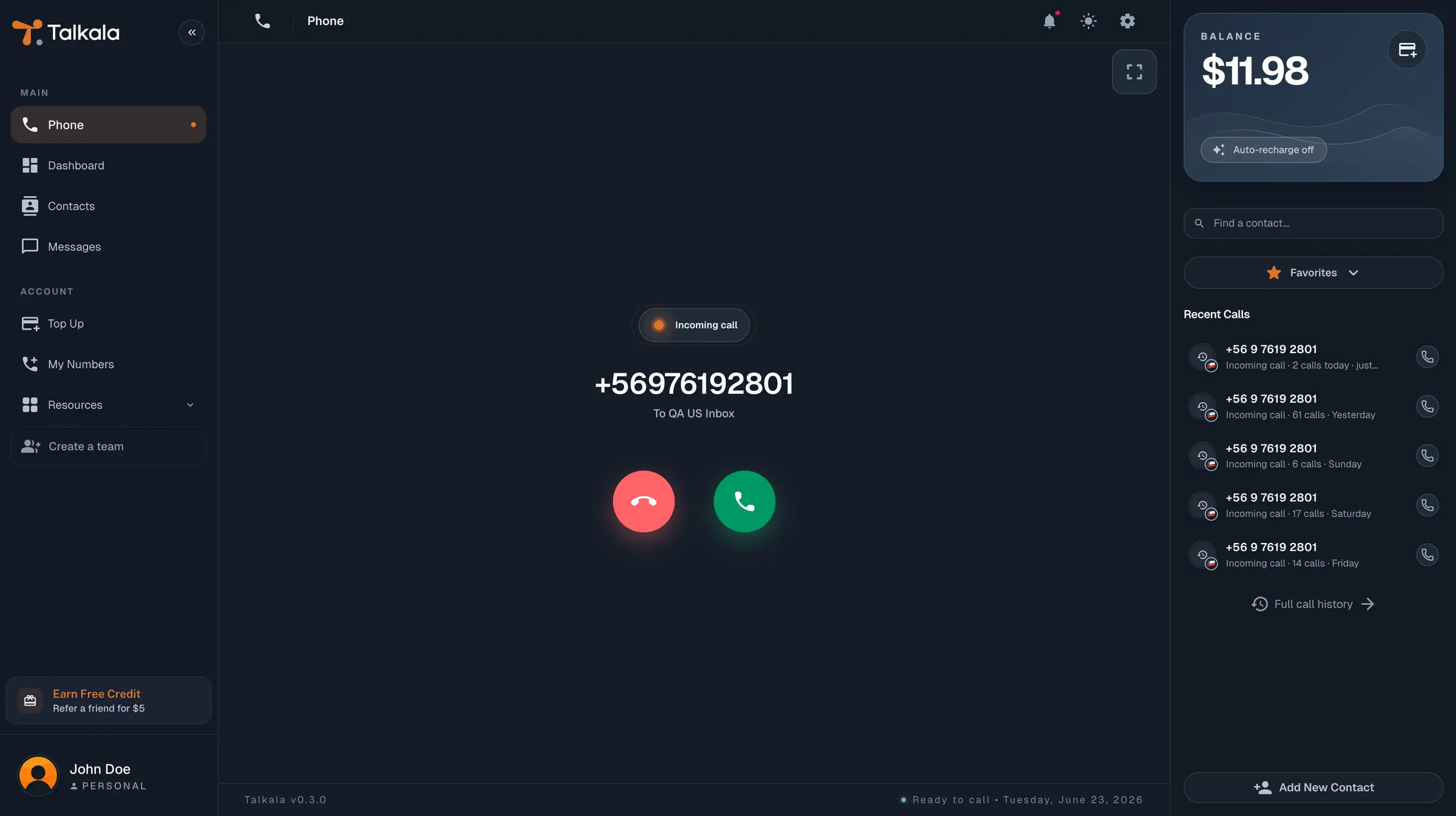 Talkala Phone screen showing an incoming call with answer and decline controls