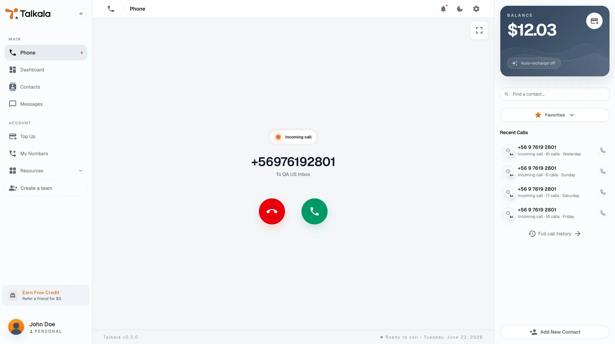 Talkala Phone screen showing an incoming call with answer and decline controls