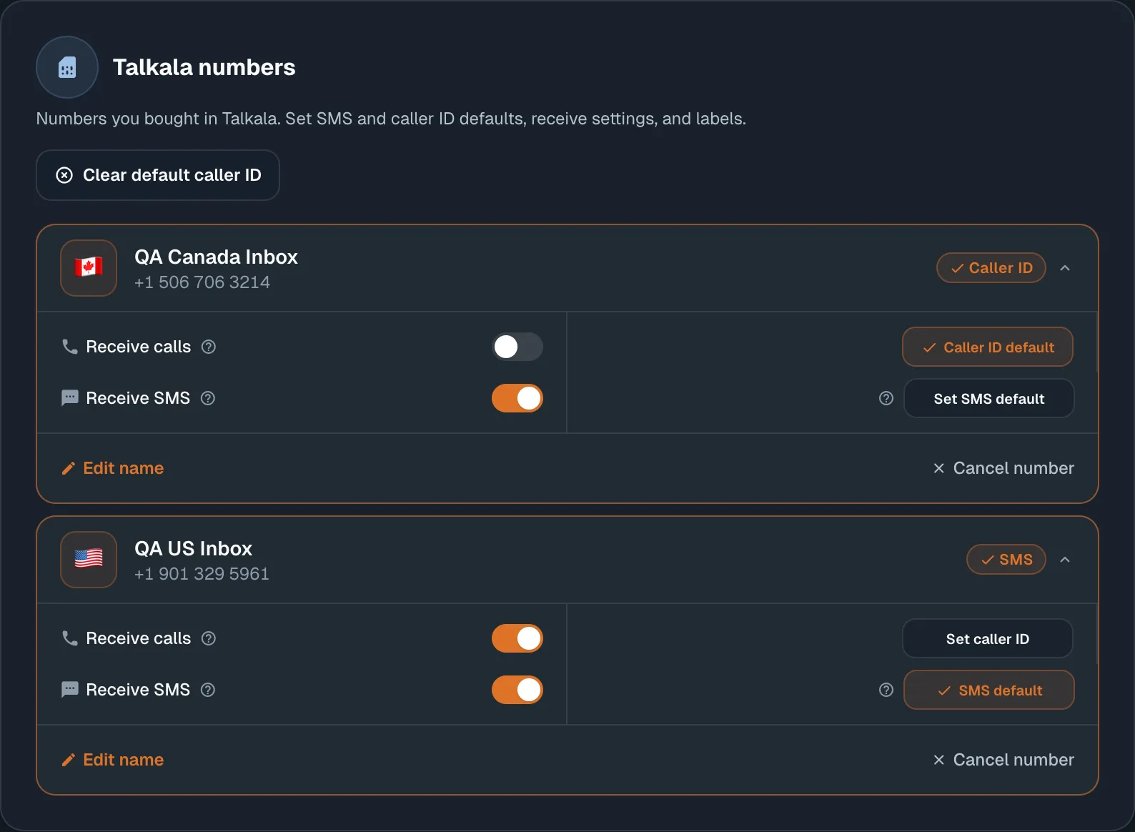 Talkala My Numbers screen showing receive calls, receive SMS, caller ID, and number labels