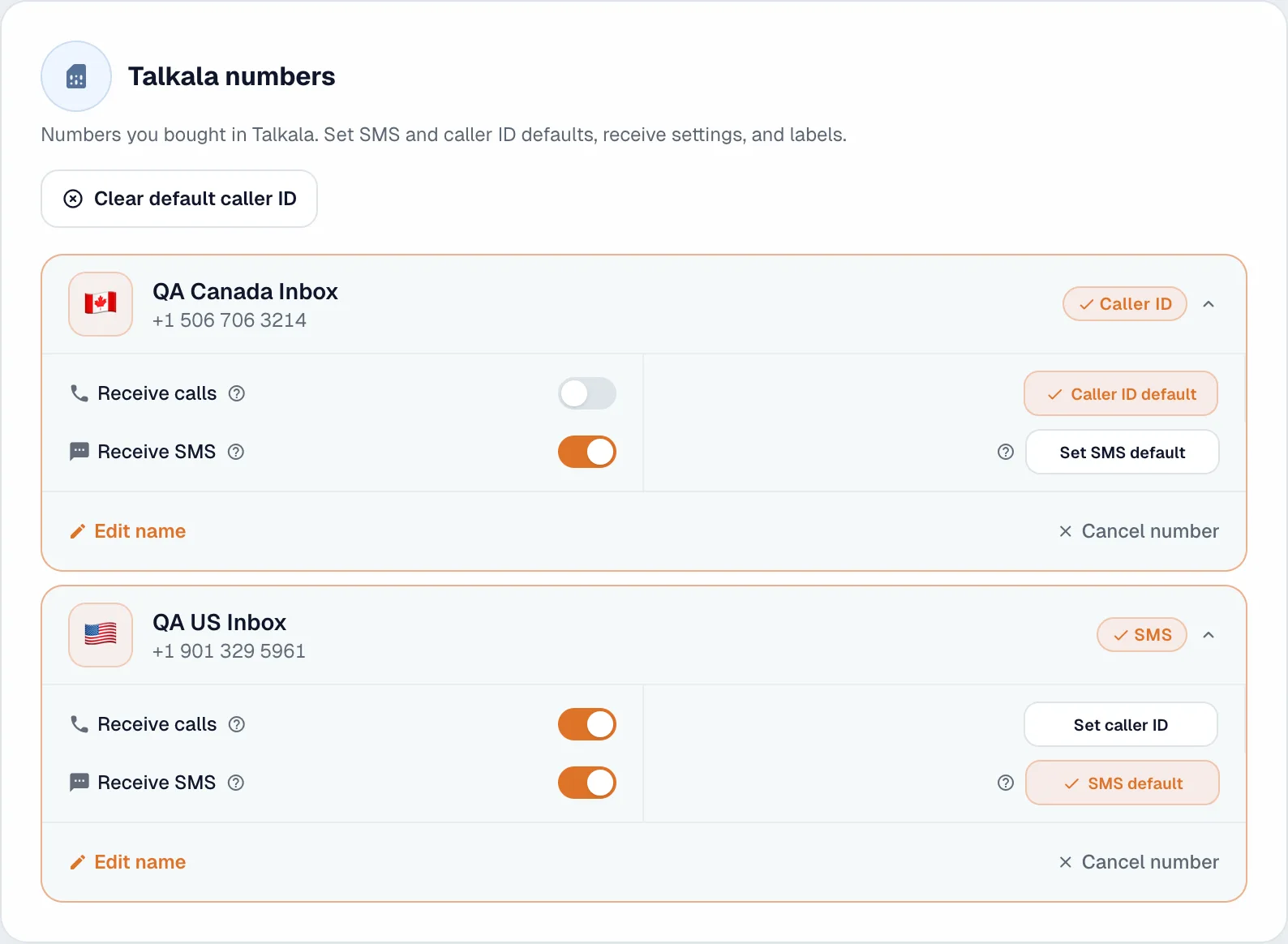 Talkala My Numbers screen showing receive calls, receive SMS, caller ID, and number labels