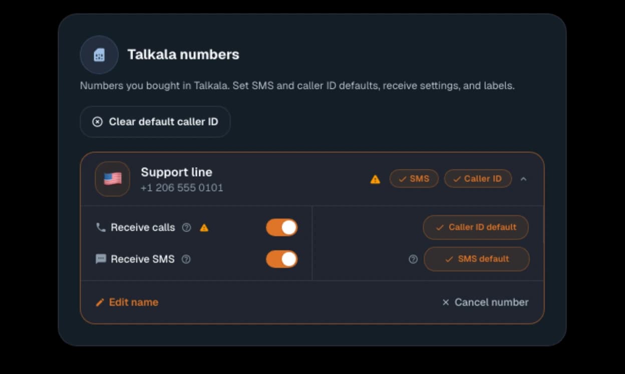 Talkala My Numbers module with demo Talkala number controls for receive calls, SMS, and caller ID