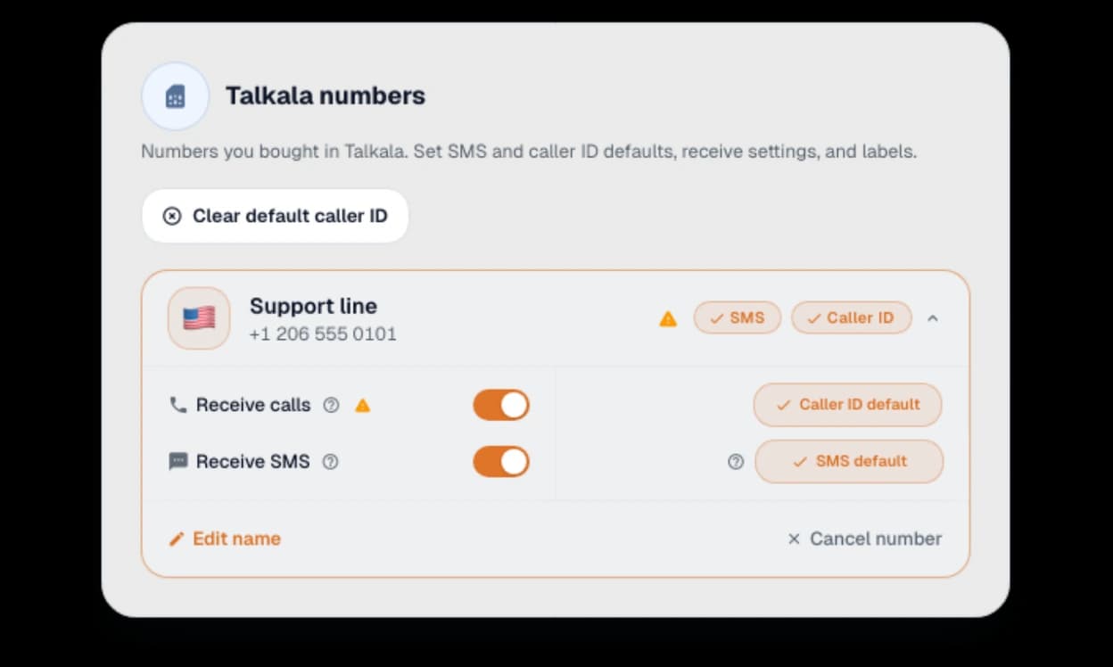 Talkala My Numbers module with demo Talkala number controls for receive calls, SMS, and caller ID