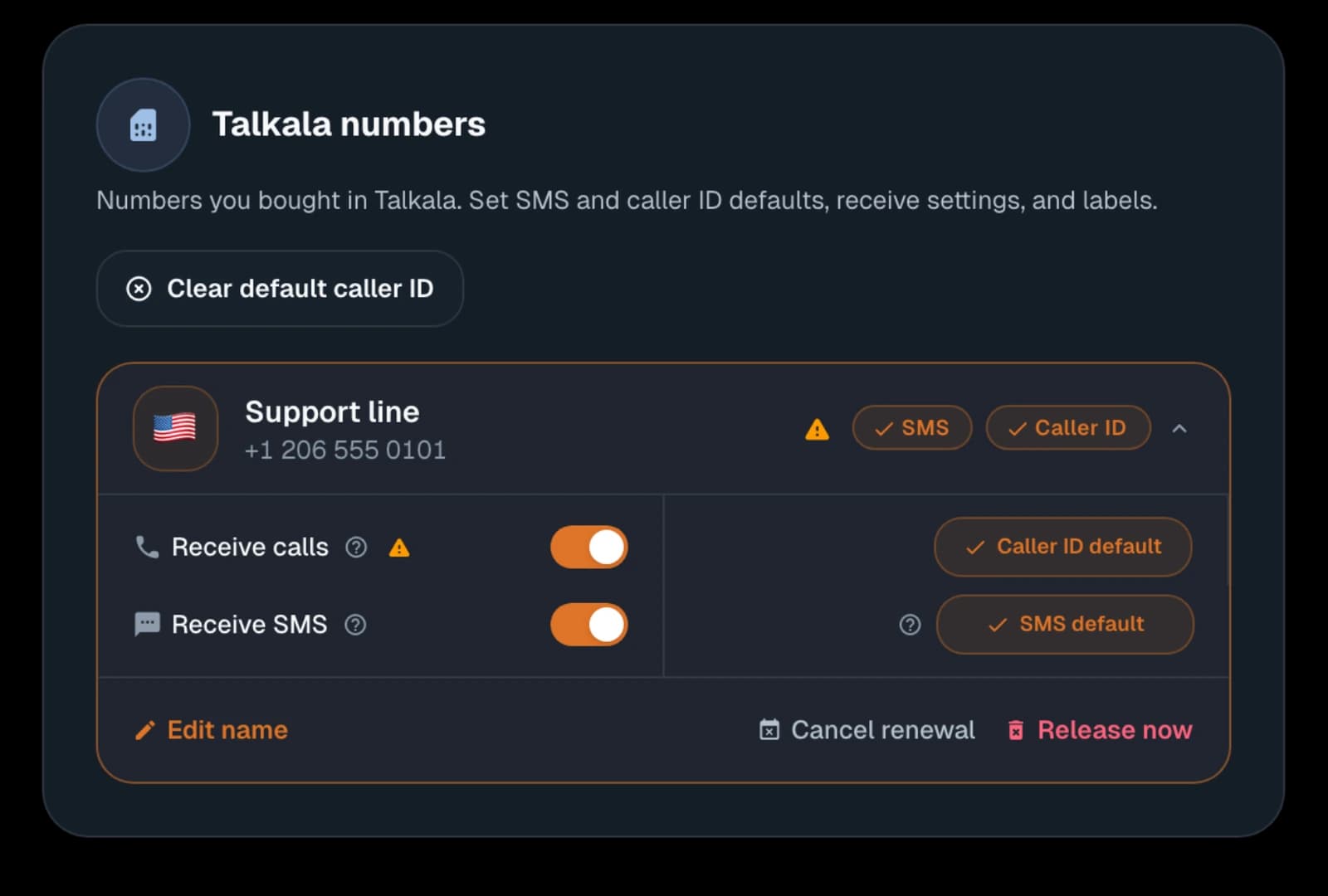Talkala My Numbers module with demo Talkala number controls for receive calls, SMS, and caller ID
