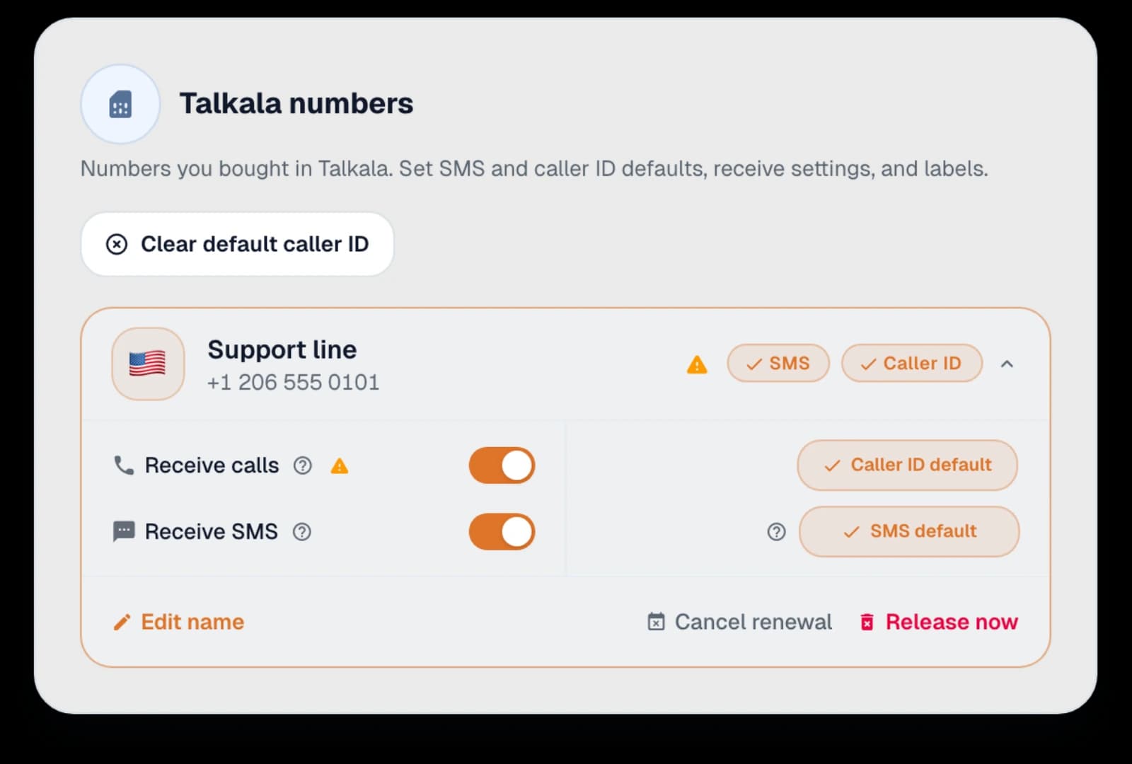 Talkala My Numbers module with demo Talkala number controls for receive calls, SMS, and caller ID