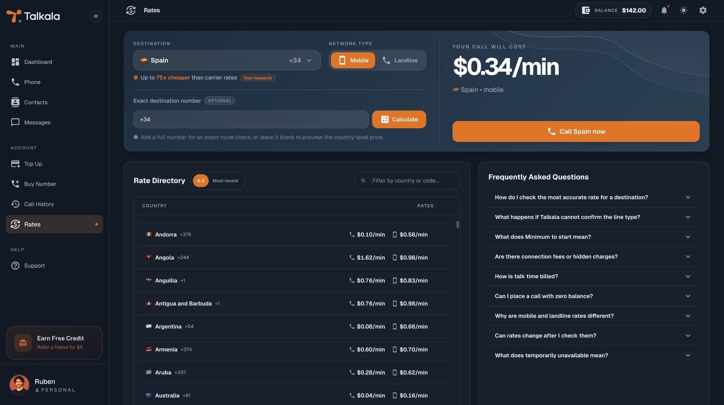 Talkala rates page showing country pricing before a call