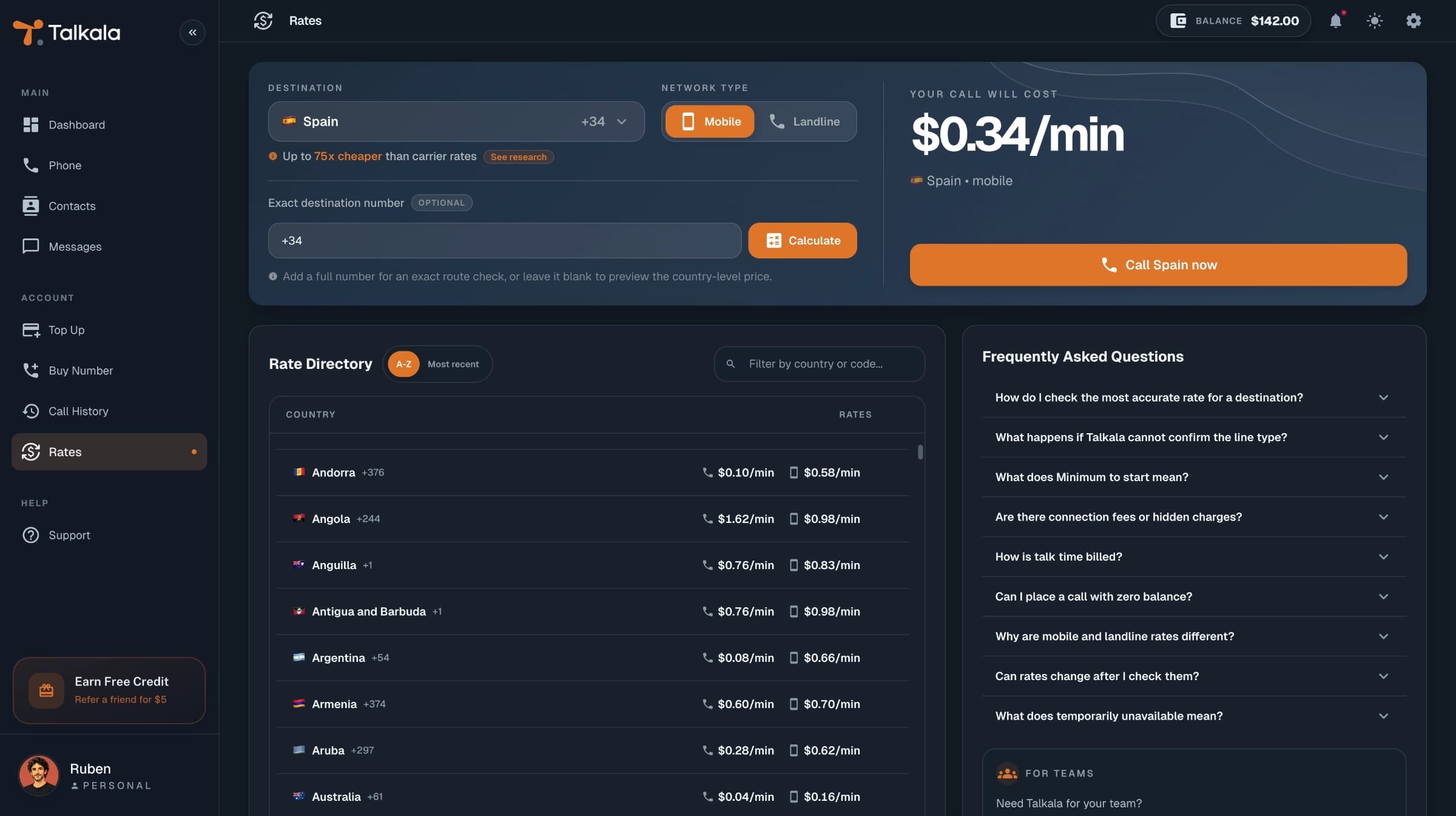 Talkala rates page showing country pricing before a call