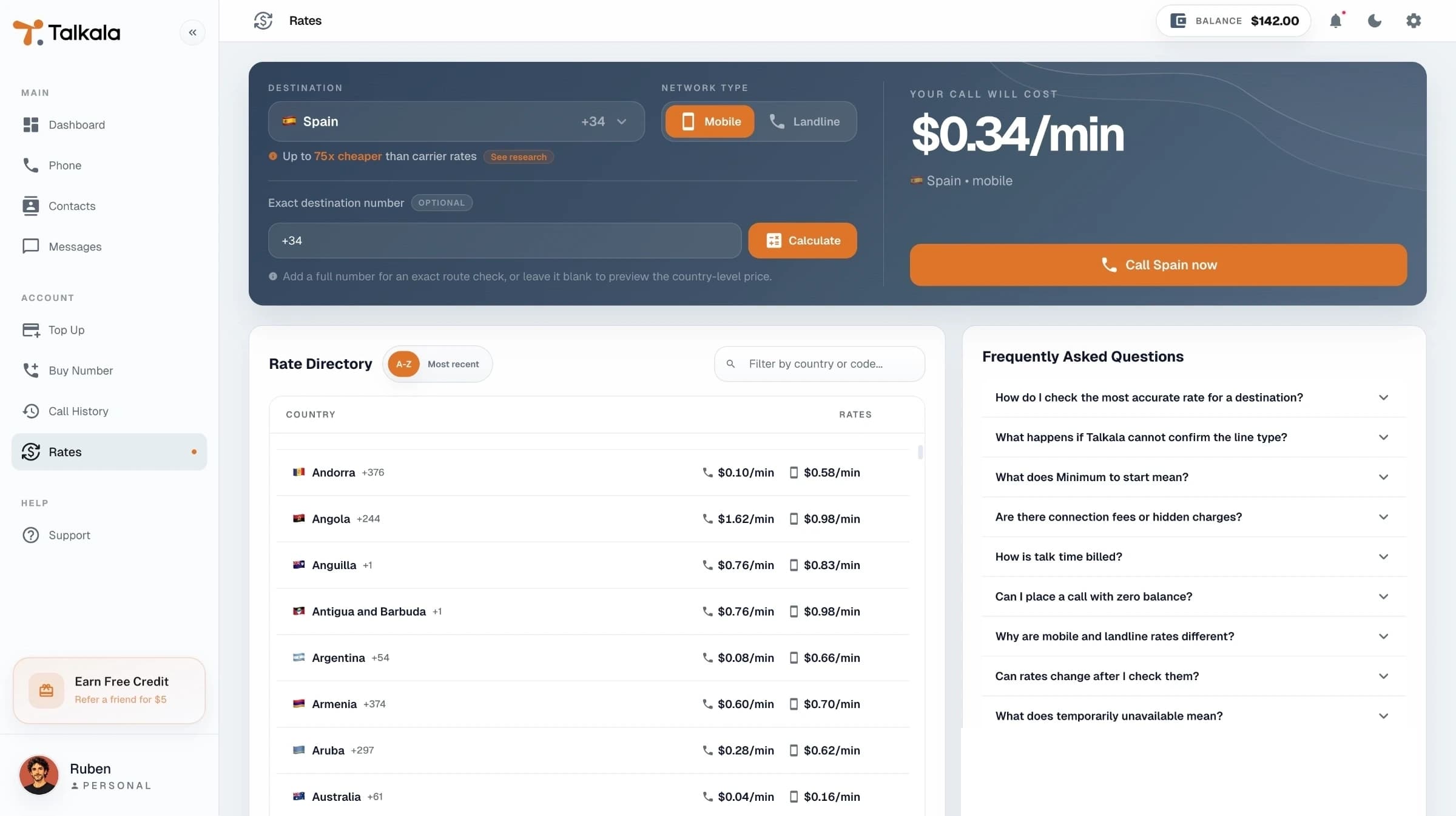 Talkala rates page showing country pricing before a call