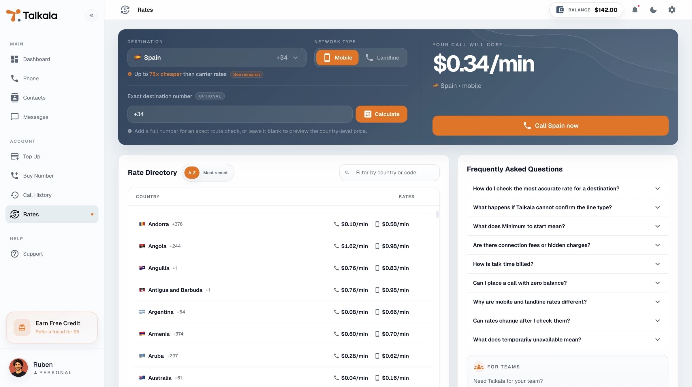 Talkala rates page showing country pricing before a call