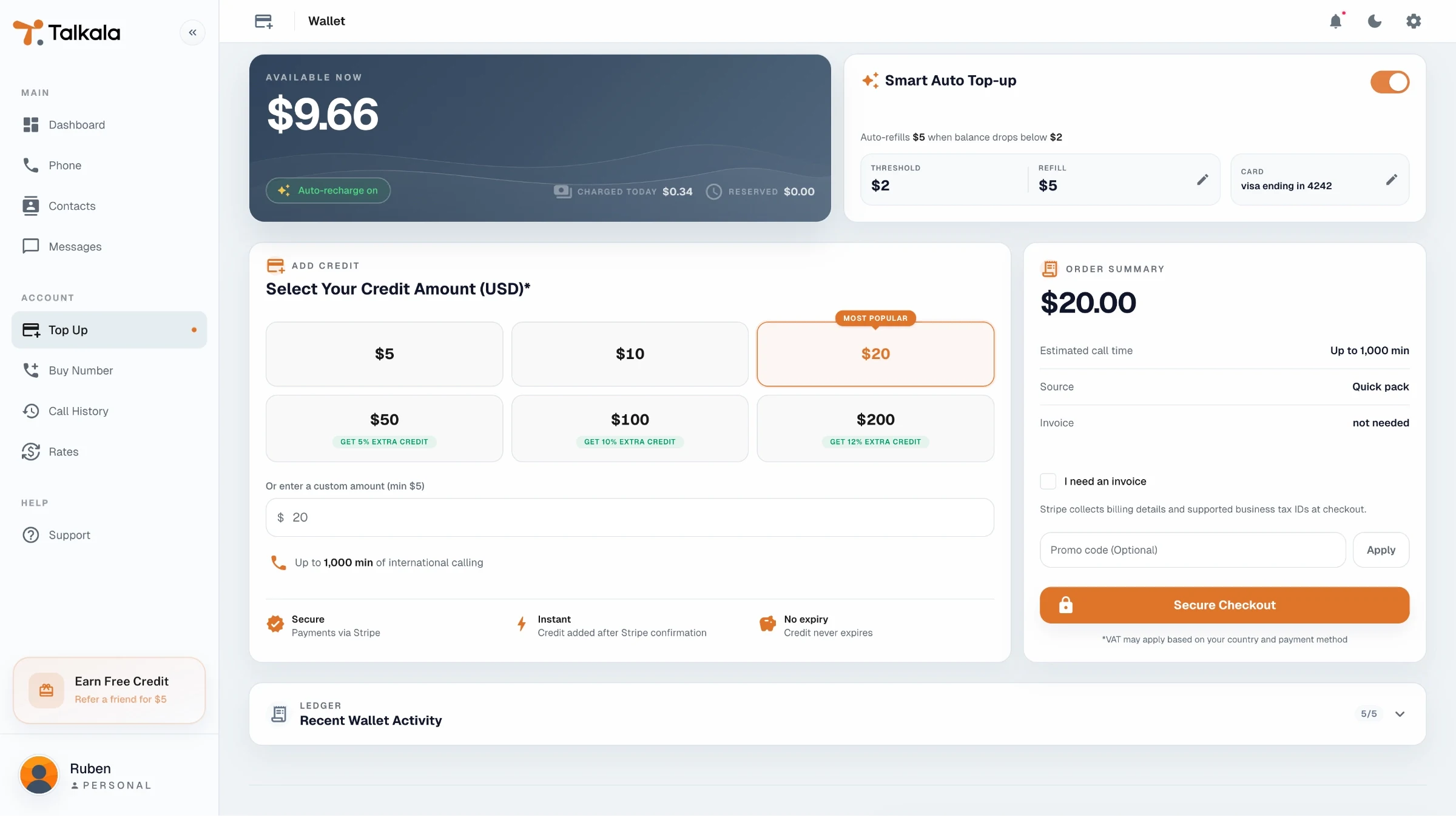 Talkala wallet page showing available balance, top-up options, and wallet activity