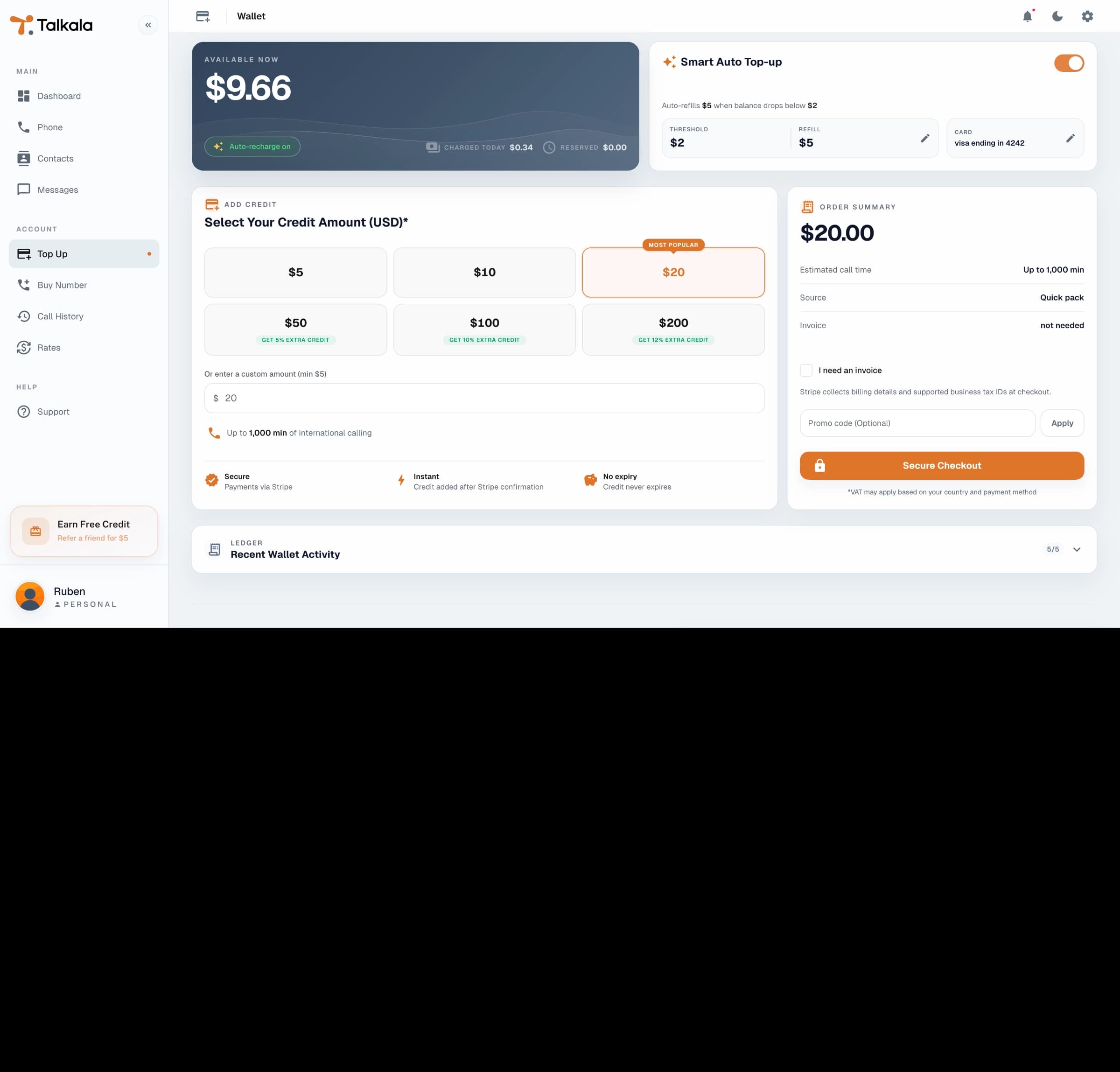 Talkala wallet page showing available balance, top-up options, and wallet activity