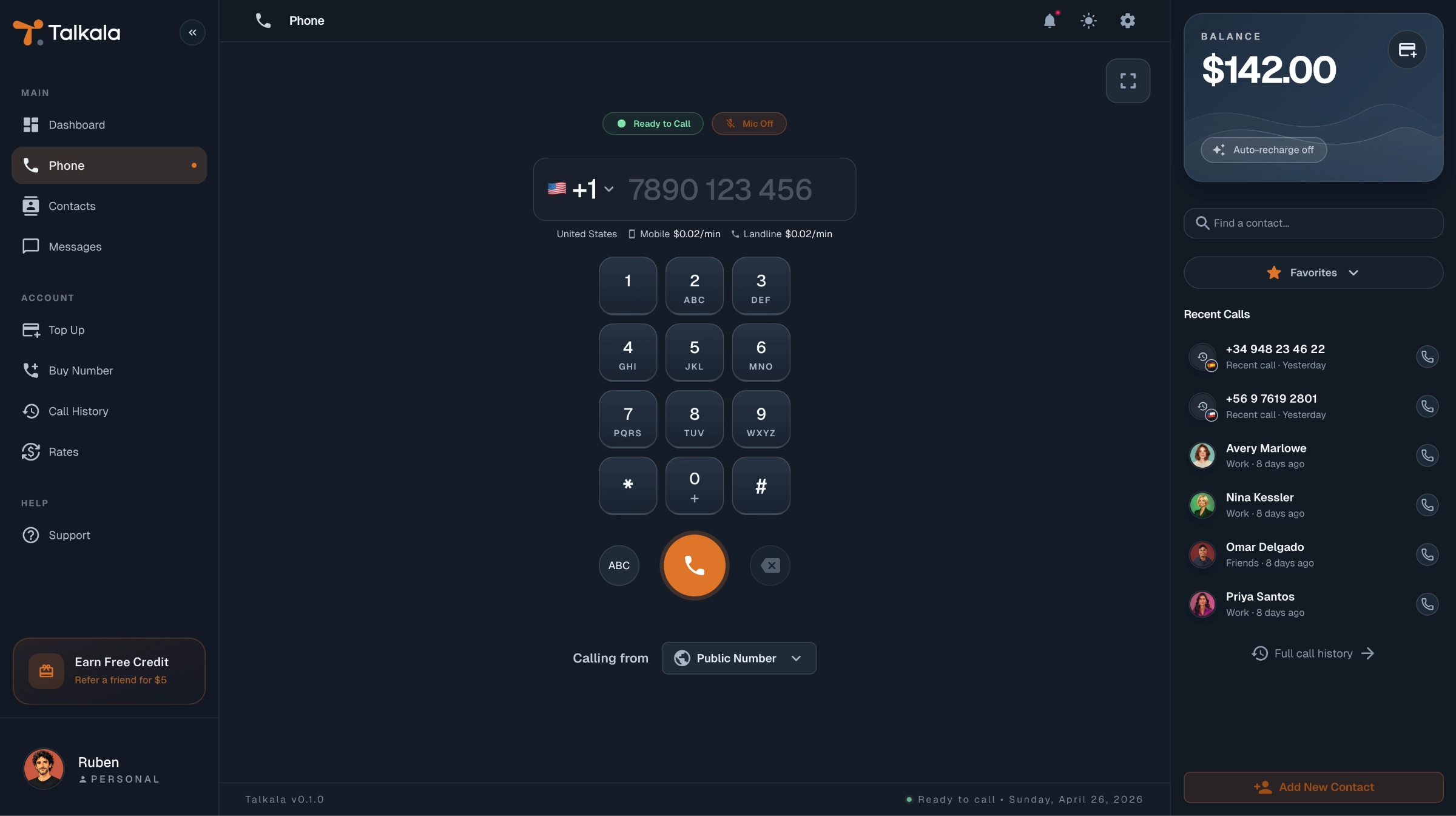 Talkala browser dialer showing a phone number, country picker, rate, and call controls