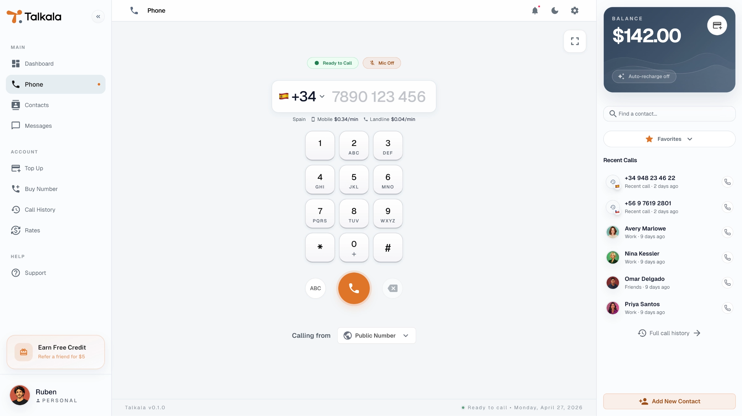 Talkala browser dialer showing a phone number, country picker, rate, and call controls