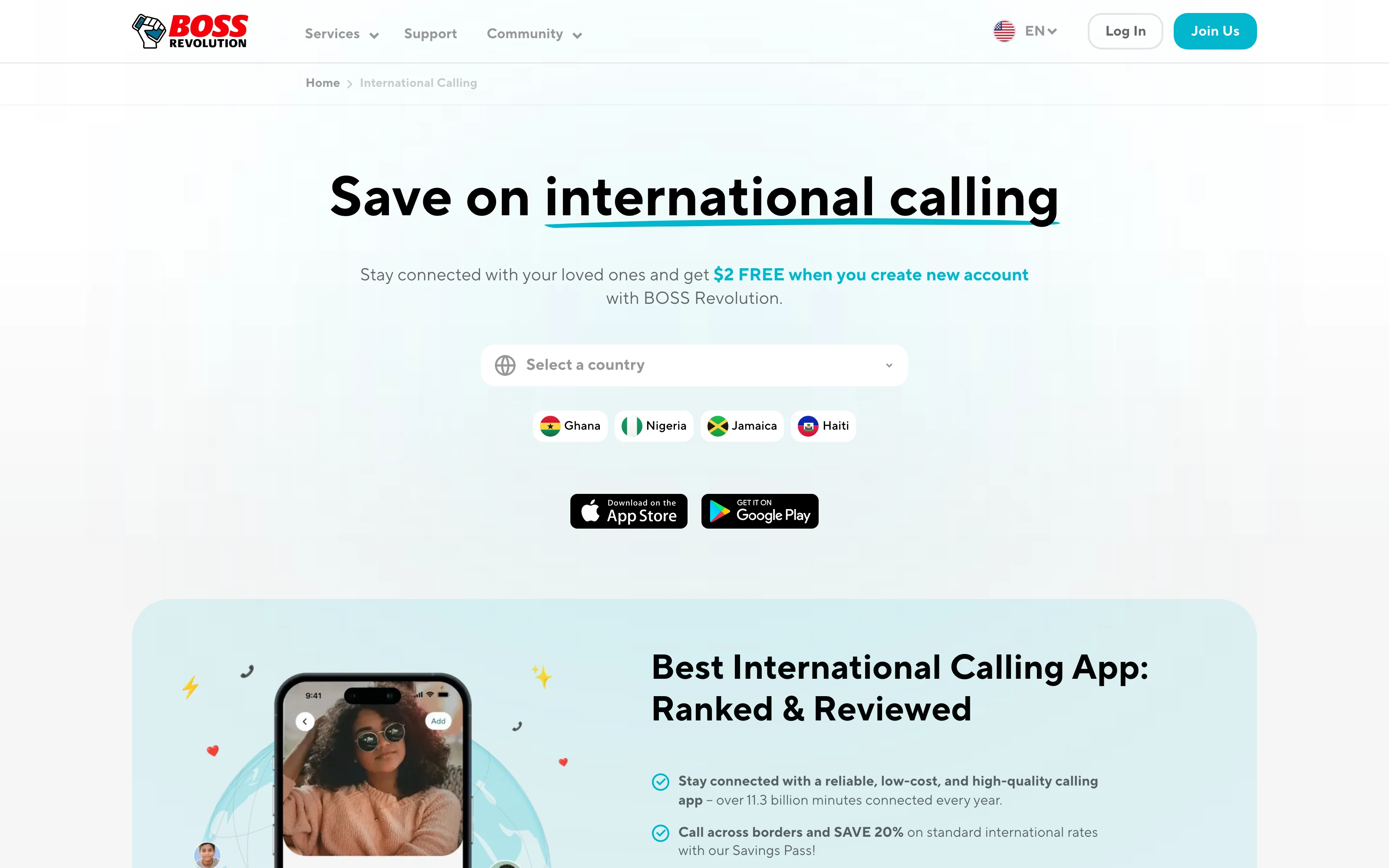 BOSS Revolution official international calling page screenshot