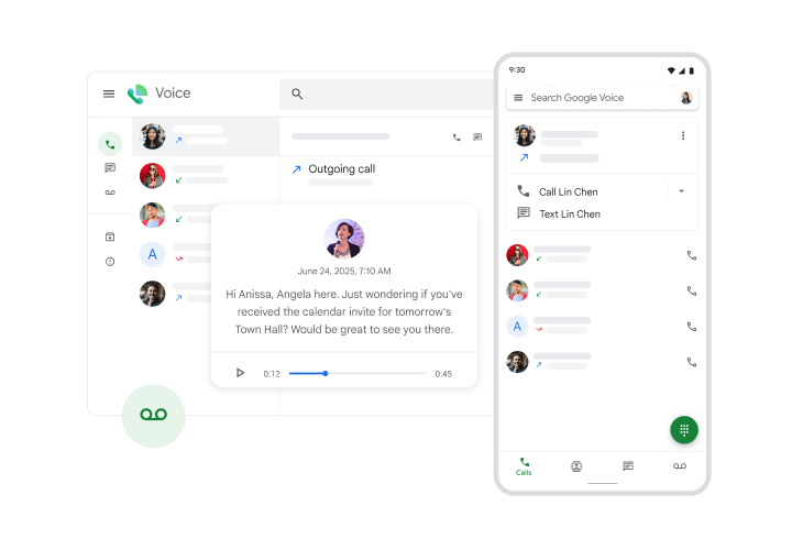 Official Google Voice product image showing web call history, a voicemail transcript and the mobile Calls screen