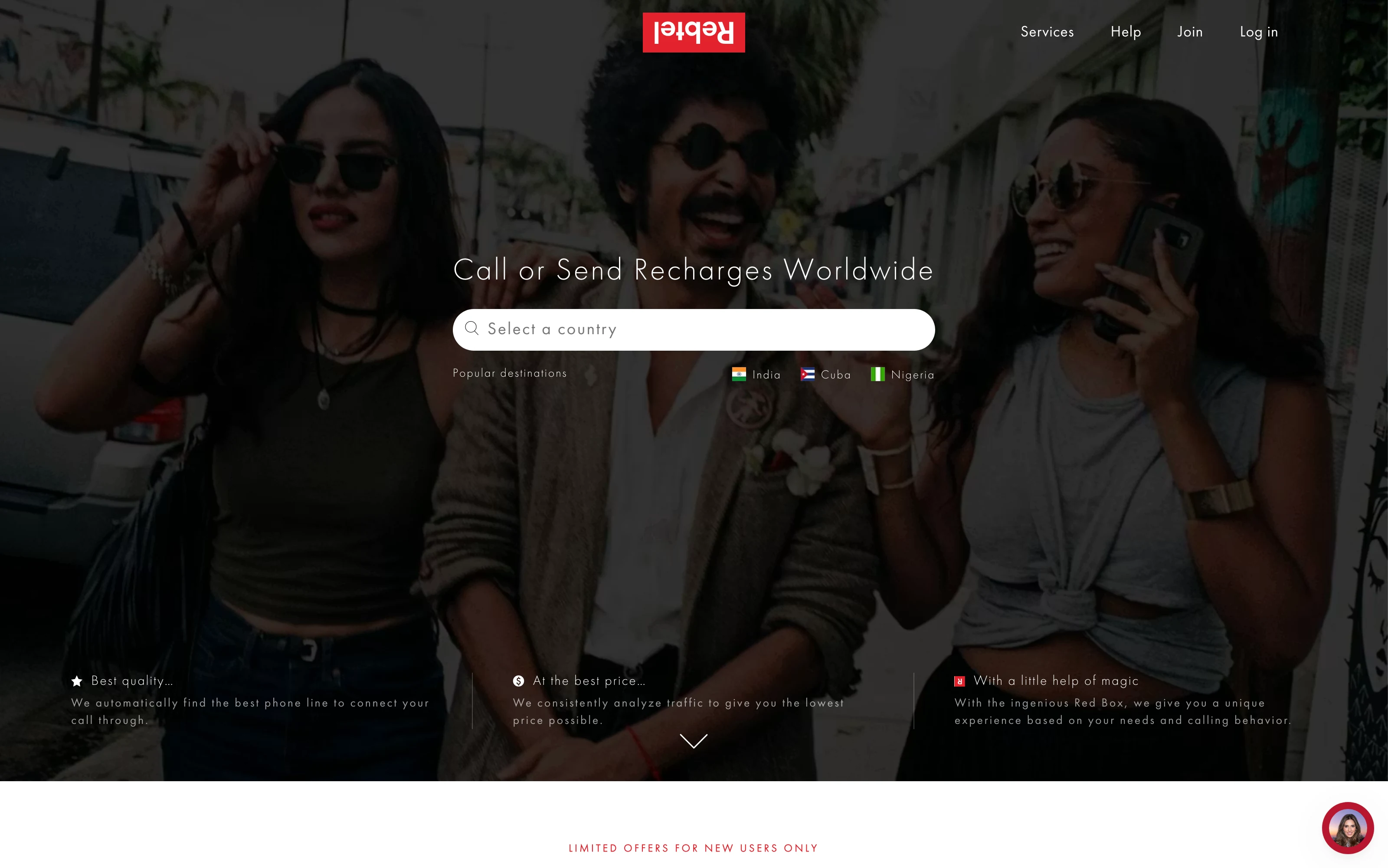 Rebtel official landing page screenshot