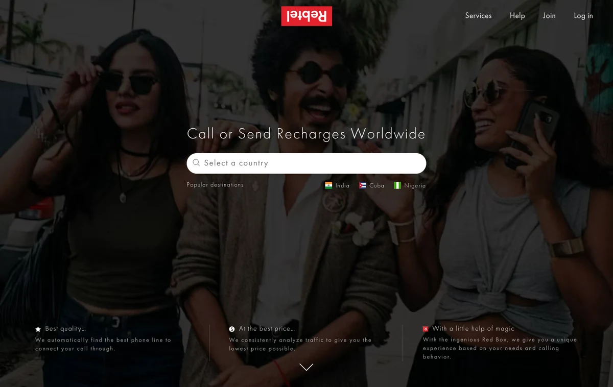 Rebtel’s official international calling product page, with its destination search and service overview.