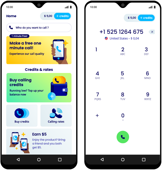 Talk360’s official mobile-app image showing its home screen and calling keypad with a number, example per-minute rate and call button.