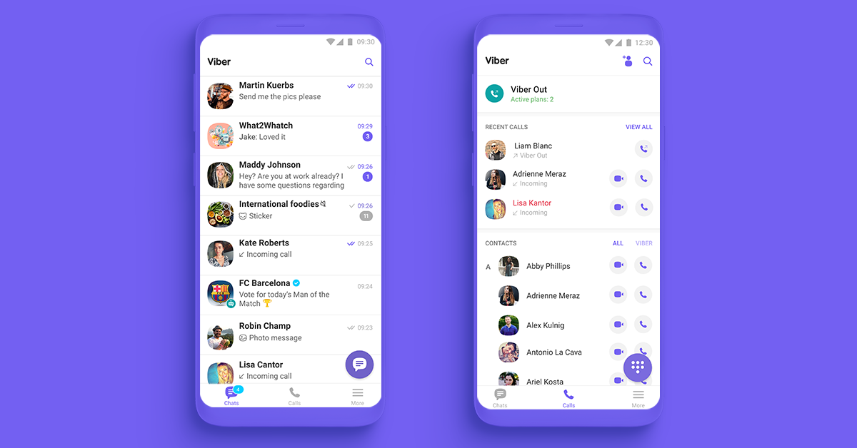 Official Viber mobile app image with chats on the left and the Calls screen on the right, showing Viber Out active plans, a Viber Out call-history entry and the dial-pad button