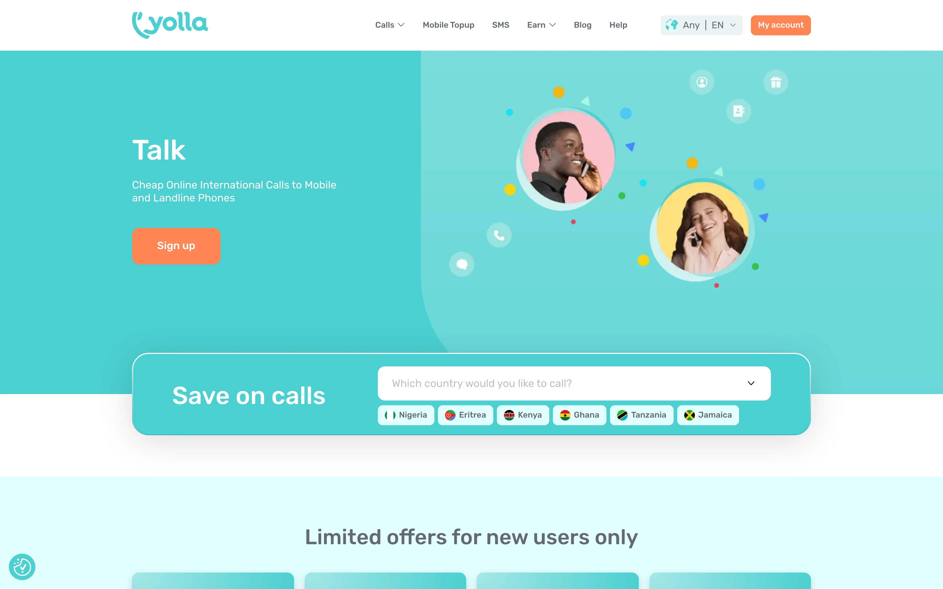 Yolla’s official product page showing its international calling overview, destination search and links to SMS and mobile top-ups.