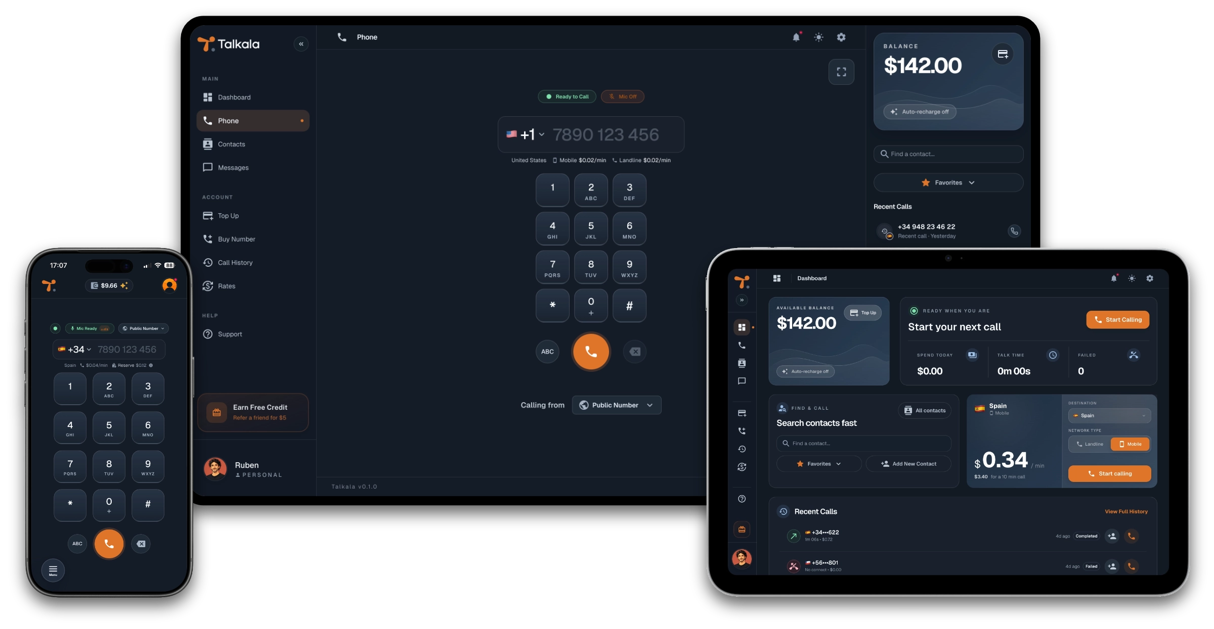 Talkala product screenshots showing the browser dashboard, dialer, wallet, and mobile app views