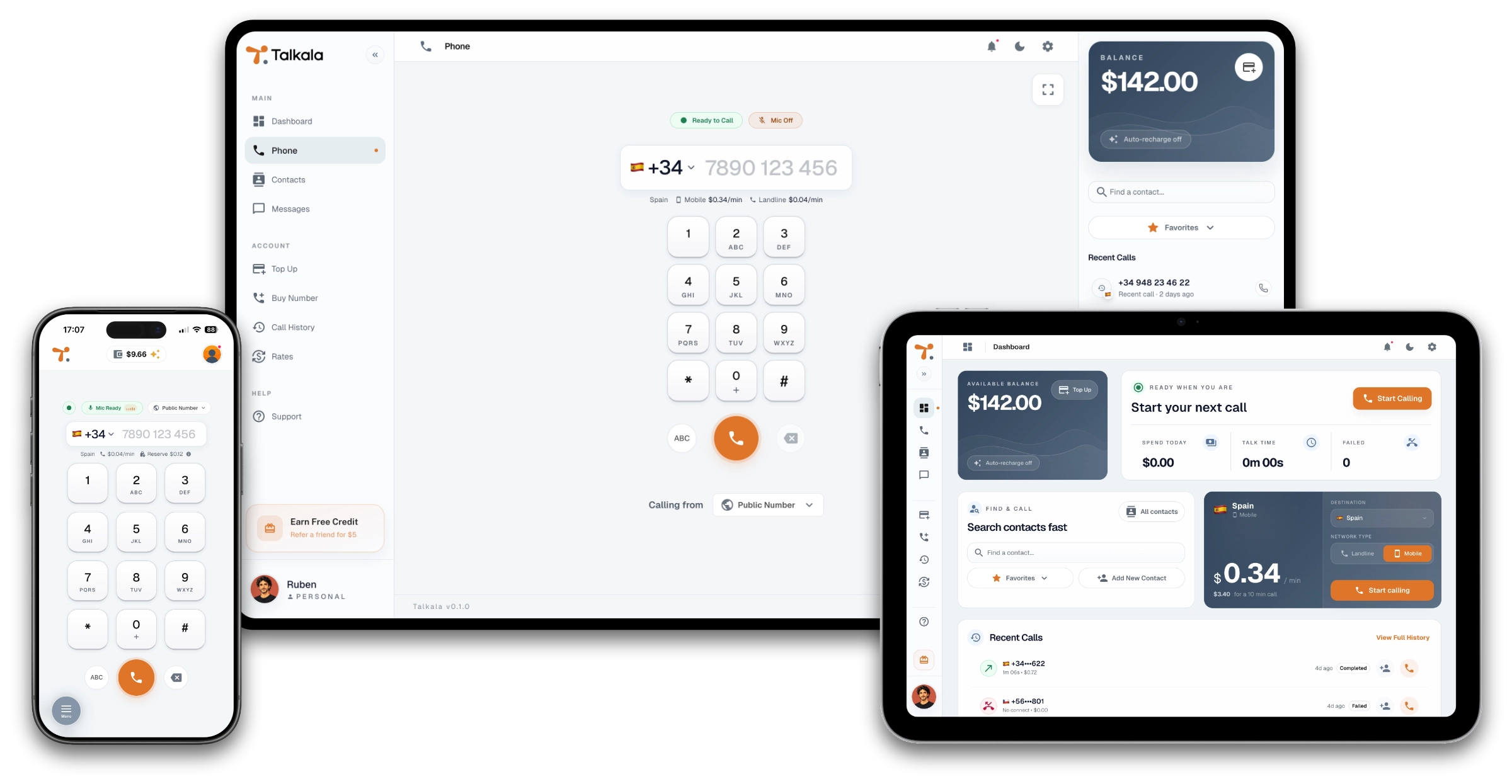 Talkala product screenshots showing the browser dashboard, dialer, wallet, and mobile app views