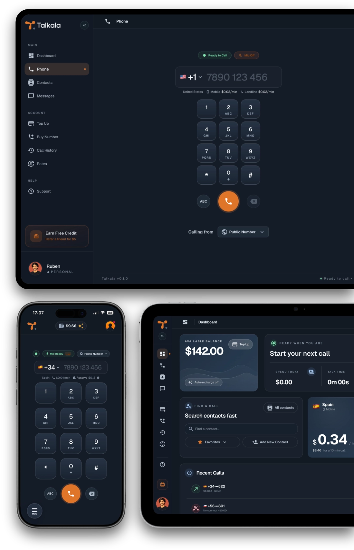 Talkala product screenshots showing the browser dashboard, dialer, wallet, and mobile app views