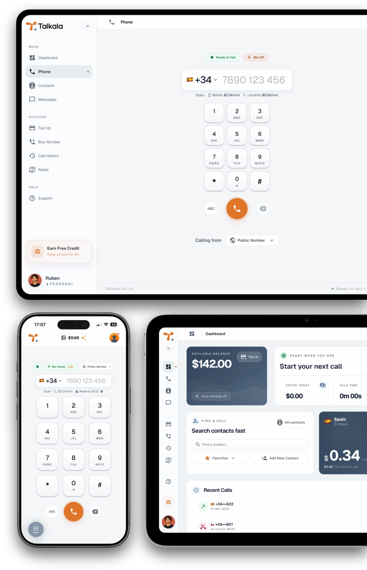 Talkala product screenshots showing the browser dashboard, dialer, wallet, and mobile app views